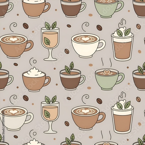 Vector Wallpaper with Various Hot Beverages and Coffee Beans on a Neutral Grey Background