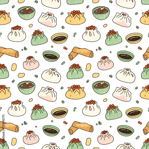 Cute Seamless Pattern of Hand-Drawn Asian Dim Sum: Dumplings, Wontons, and Spring Rolls