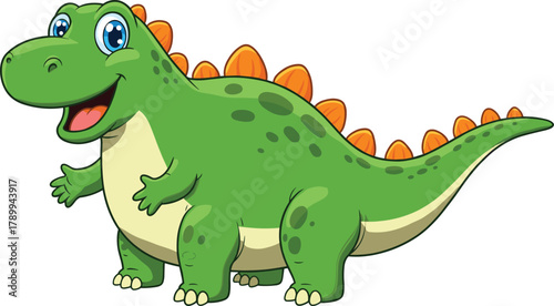 Cartoon stegosaurus dinosaur mascot with colorful plates, smiling friendly character illustration for children’s media, educational design, playful branding