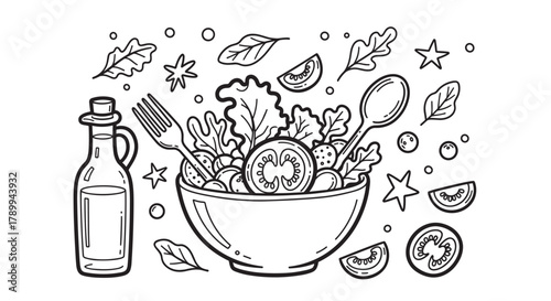 Hand drawn doodle of a fresh vegetable salad bowl with tomatoes and lettuce. Healthy eating concept with olive oil dressing and flying ingredients for a restaurant menu design