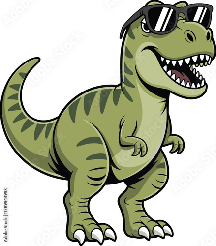 Cartoon T‑rex dinosaur mascot with sunglasses, cool prehistoric character illustration for children’s media, entertainment design, novelty branding, educational use