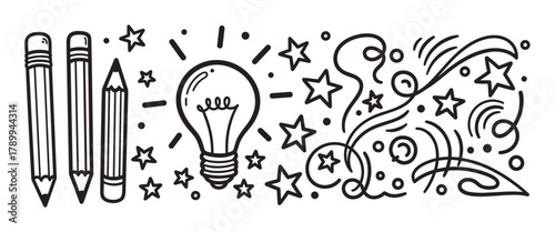 Hand drawn sketch of the creative process from pencils to a lightbulb idea. Imagination and innovation concept shown with abstract swirls, stars, and doodle elements