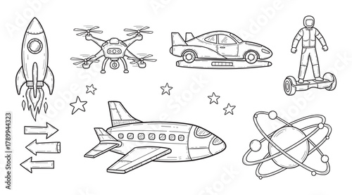 Collection of futuristic transport and technology icons in a hand drawn style. Doodle set with a rocket, drone, flying car, astronaut, airplane and atomic symbol