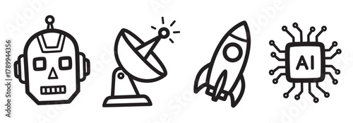 Set of technology and science icons with a robot, satellite, rocket, and ai microprocessor. Hand drawn doodle style symbols for futuristic innovation and space exploration concepts
