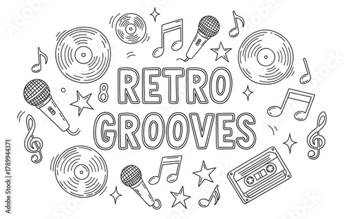 Vintage music concept with retro grooves text and doodle elements. Black and white line art collection of microphones, vinyl records, and cassette tapes for a party theme