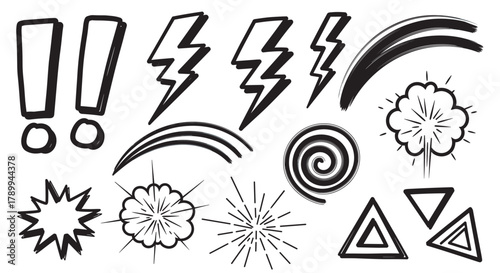 Collection of hand drawn doodle elements for comic book effects. Black sketch icons of lightning bolts, explosions, swooshes and exclamation marks for dynamic design