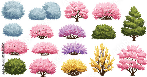 Colorful bushes, stylized trees, pink blossoms, purple foliage, yellow shrubs, green plants, seasonal garden, ornamental landscape, decorative nature, botanical illustration
