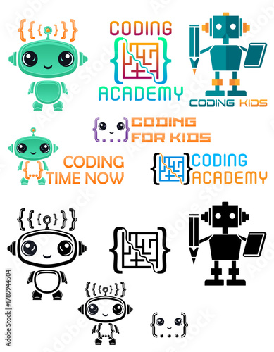 coding kids programming training logo for your business or company set logotype cartoon stock color and black and white vector illustration isolated on white background