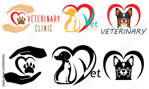 veterinary clinic pets cats and dogs logo for your business or company set logotype cartoon stock color and black and white vector illustration isolated on white background