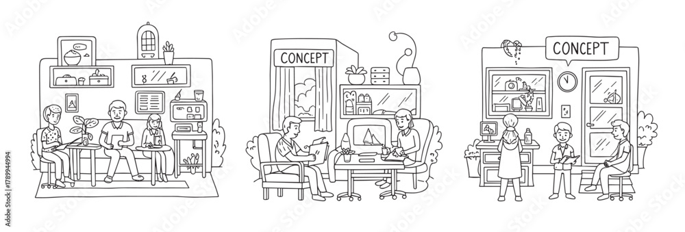 Obraz premium Collection of hand drawn business scenes with people in a creative office. Doodle style sketches showing teamwork, client meetings and concept development for a modern startup