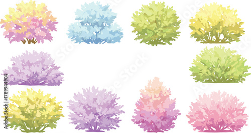 Colorful bushes, watercolor trees, pink foliage, yellow shrubs, blue greenery, purple plants, ornamental garden, seasonal design, decorative nature, botanical illustration