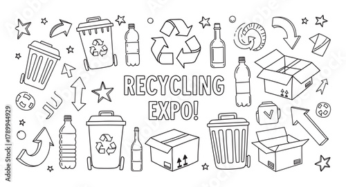 Recycling expo doodle banner with waste management icons. Hand drawn collection of trash cans, bottles, and boxes for sorting. Ecology and environmental protection concept