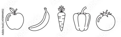 Fruit and vegetable line icon set for healthy eating concepts. Minimalist outline collection of apple, banana, carrot, pepper, and tomato for nutrition or grocery design