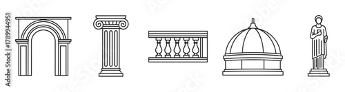 Set of ancient roman and greek architecture line icons. Minimalist symbols of classical elements including a triumphal arch, ionic column, dome, balustrade, and statue
