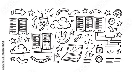 Hand drawn doodle collection of technology icons for web hosting and data centers. Cloud computing, network security and information technology concept for web development