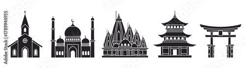 Icon collection of famous religious landmarks from around the world. Minimalist black silhouettes of a church, mosque, temple, pagoda, and torii gate for spiritual design