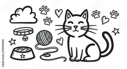 Cute cat doodle icon set with various pet care accessories. Collection includes a kitten, food bowl, collar, yarn ball, and paw prints for veterinary or pet shop branding