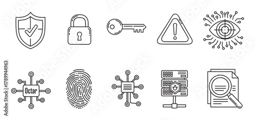 Cybersecurity and data protection line icon set for digital technology. Includes symbols for privacy, network firewall, and biometric identification. Minimalist pictograms for web design