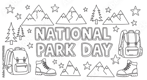 National park day celebration concept with hand drawn lettering and outdoor elements. Black and white coloring page featuring mountains, trees, a backpack, and hiking boots