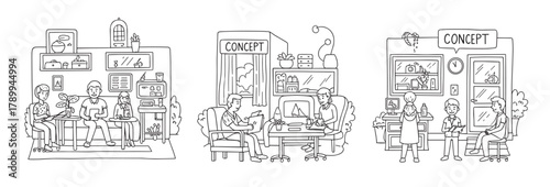 Collection of hand drawn business scenes with people in a creative office. Doodle style sketches showing teamwork, client meetings and concept development for a modern startup