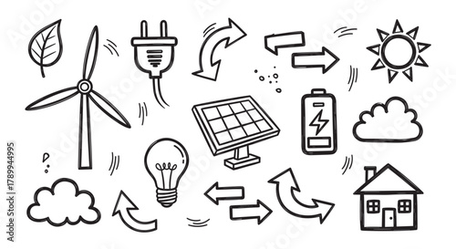 Renewable energy icon set in a hand drawn doodle style. Eco friendly symbols for green power concepts like solar, wind, and electric charging for sustainable projects