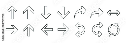 Arrow icon collection in a minimal outline style for user interface design. Set of various directional pointers including up, down, left, right, curved, and circular refresh symbols
