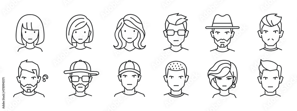 Fototapeta premium Collection of diverse people avatars in a minimalist outline style. Male and female character icons for user profiles, social media, and modern web interface design