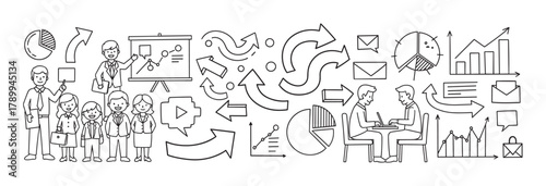 Hand drawn business doodle icon set with people and data charts. Corporate teamwork presentation and financial analysis elements for marketing or strategy infographics