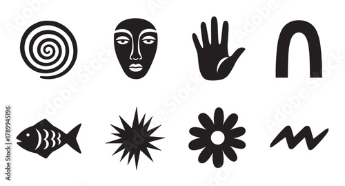 Collection of abstract primitive symbols inspired by ancient tribal art. Minimalist graphic icons including a face, spiral, hand, and fish for modern creative projects