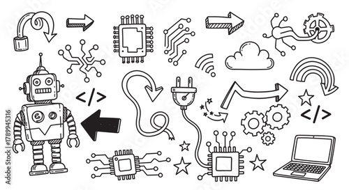 Hand drawn set of technology and robotics doodle icons for programming. Includes a robot, cpu microchips, laptop computer and coding symbols for software development concepts