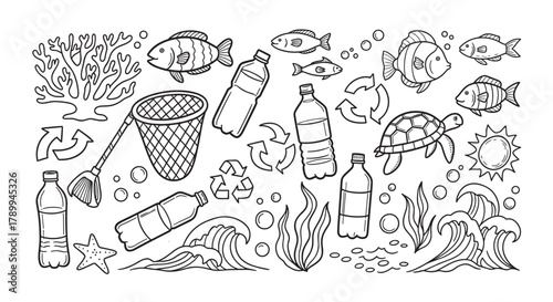 Hand drawn doodle set about ocean plastic pollution and marine life conservation. Collection includes fish, turtle, plastic bottles, and recycling symbols for ecology concepts