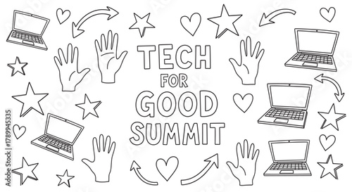 Tech for good summit lettering with doodle icons. Hand drawn banner with laptops, hands, and hearts for a technology conference or social impact event promotion