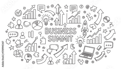 Business summit concept with hand drawn doodle icons for marketing and strategy. Corporate conference banner with elements for growth, innovation and teamwork on a white background