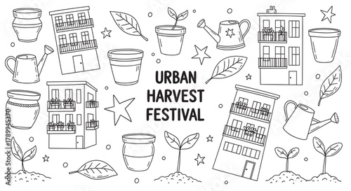 Urban harvest festival doodle set with city gardening elements. Hand drawn collection of apartment buildings, balcony plants, pots, and seedlings for a community event promotion