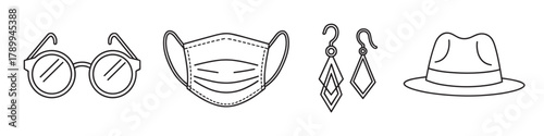 Set of personal fashion accessories in a simple outline style. Collection includes sunglasses, a protective face mask, earrings and a classic fedora hat for design elements