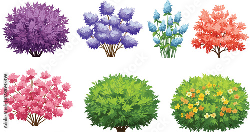 Colorful shrubs illustration, flowering bushes, vibrant foliage, decorative plants, seasonal flowers, botanical artwork, landscape design, natural beauty, artistic garden elements