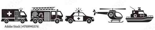 Set of emergency vehicle icons for public safety and first responder services. Collection includes an ambulance, fire truck, police car, helicopter, and rescue boat