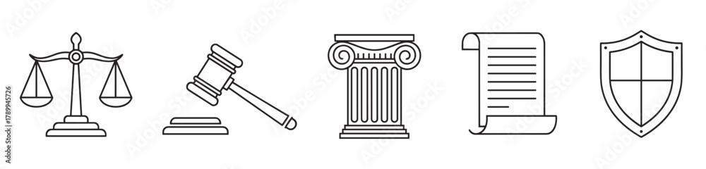 Fototapeta premium Law and justice icon set with classic legal symbols. Collection includes scales, gavel, courthouse column, document scroll and protection shield. Minimalist outline design elements
