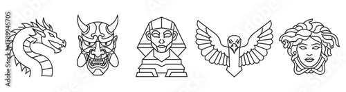 Mythological creatures and cultural symbols icon set. Collection of line art designs with a dragon, oni mask, pharaoh, eagle, and medusa for logo or emblem creation