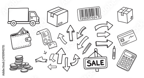 Set of hand drawn sketch icons for online shopping and delivery service themes. Includes parcel, truck, payment, sale sign and other commercial finance elements