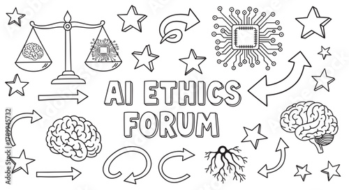 Ai ethics forum concept with hand drawn doodle elements. Scales of justice balancing a human brain and a computer chip for technology law and artificial intelligence morality