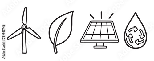 Collection of renewable energy icons in a simple outline style. Set includes wind turbine, solar panel, leaf, and water recycling symbols for environmental conservation concepts