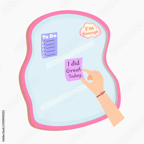 Soft pastel digital mirror with positive note and kind words. Flat cartoon style. Ideal for journaling and self love themed design.