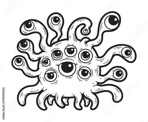 A quirky hand drawn monster with many eyes and tentacles. Black and white doodle of a weird alien creature for fantasy or science fiction. Isolated character design element