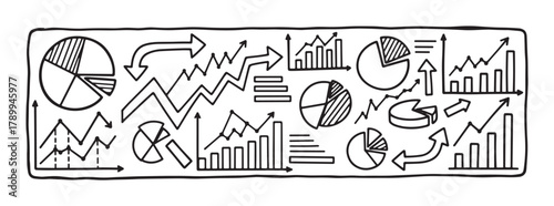 Hand drawn doodle set of business charts and graphs. Infographic elements for data visualization and financial reports showing growth, statistics and market analytics