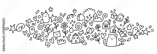 Cute hand drawn doodle banner with cats, birds, and houses. A whimsical collection of simple line art elements for children's design projects or coloring activities