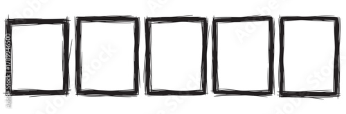 Hand drawn collection of five vertical rectangular frames with a rough sketch texture. Grunge doodle border elements for comic strip layouts or social media stories