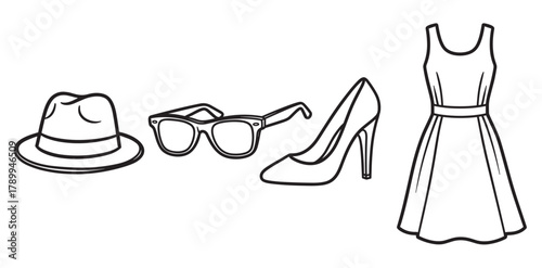 A collection of classic fashion accessory icons for men and women. Simple line art set with a fedora hat, sunglasses, high heel shoe, and an elegant sleeveless dress