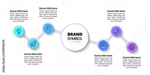 Infographic template. 6 connected circles with icons and text