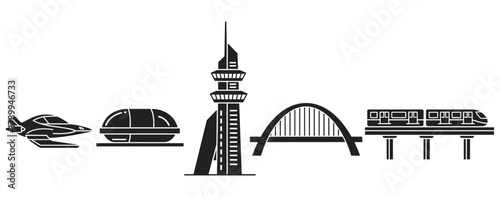 Futuristic city elements icon set with advanced transportation and modern architecture. Black silhouettes of a monorail, flying car, bridge, and tower for technology concepts